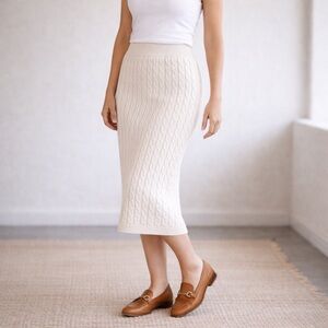 Anthropologie Pinch Cable Knit Midi Skirt Cream Pull-On Size Small